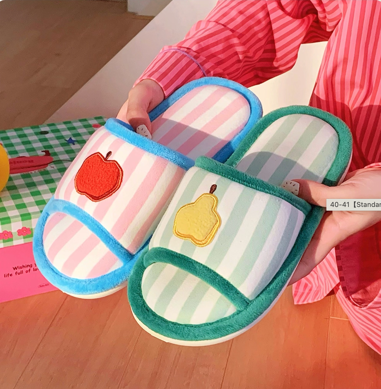 striped apple pear slippers