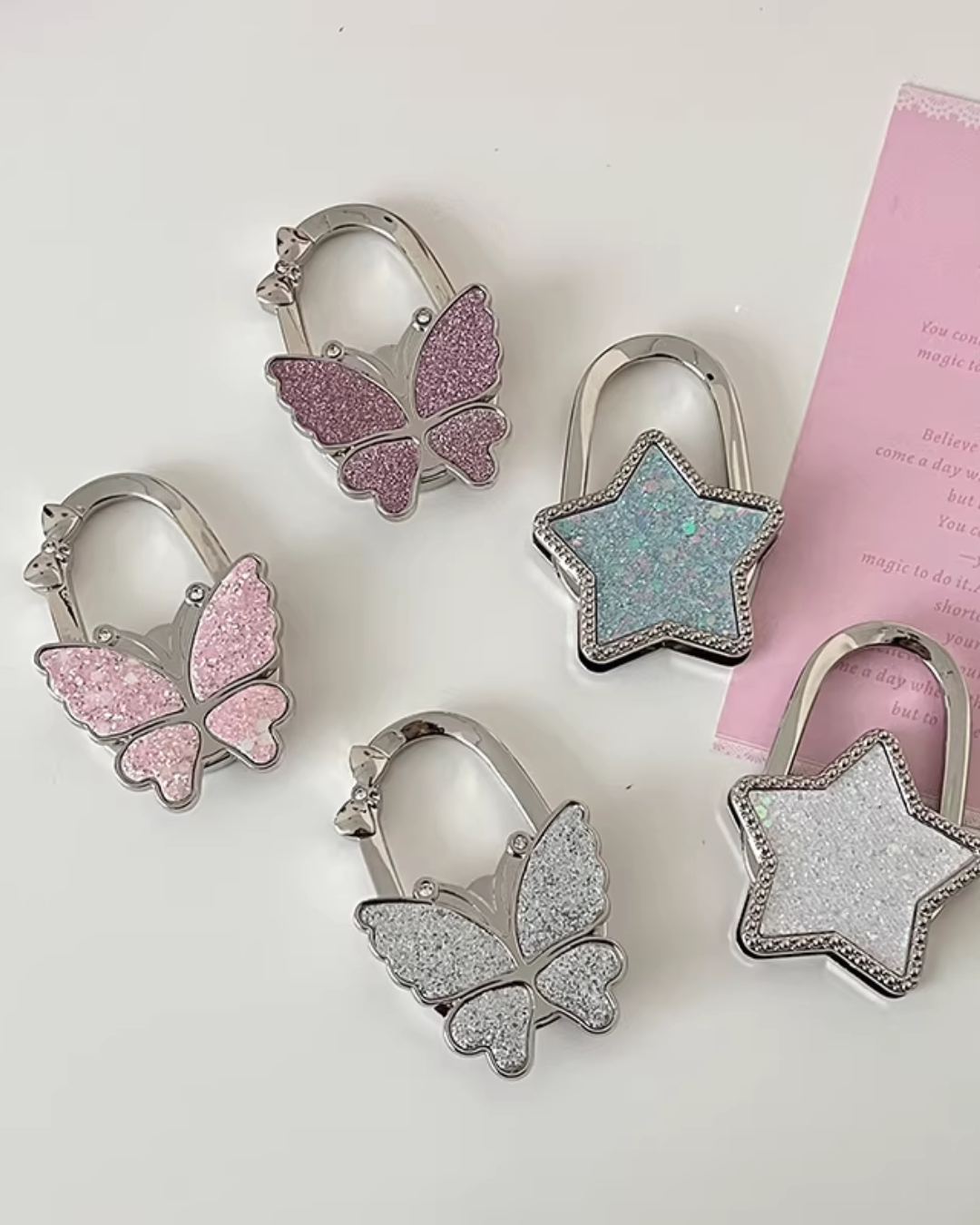 glitter butterfly and star hook for bags