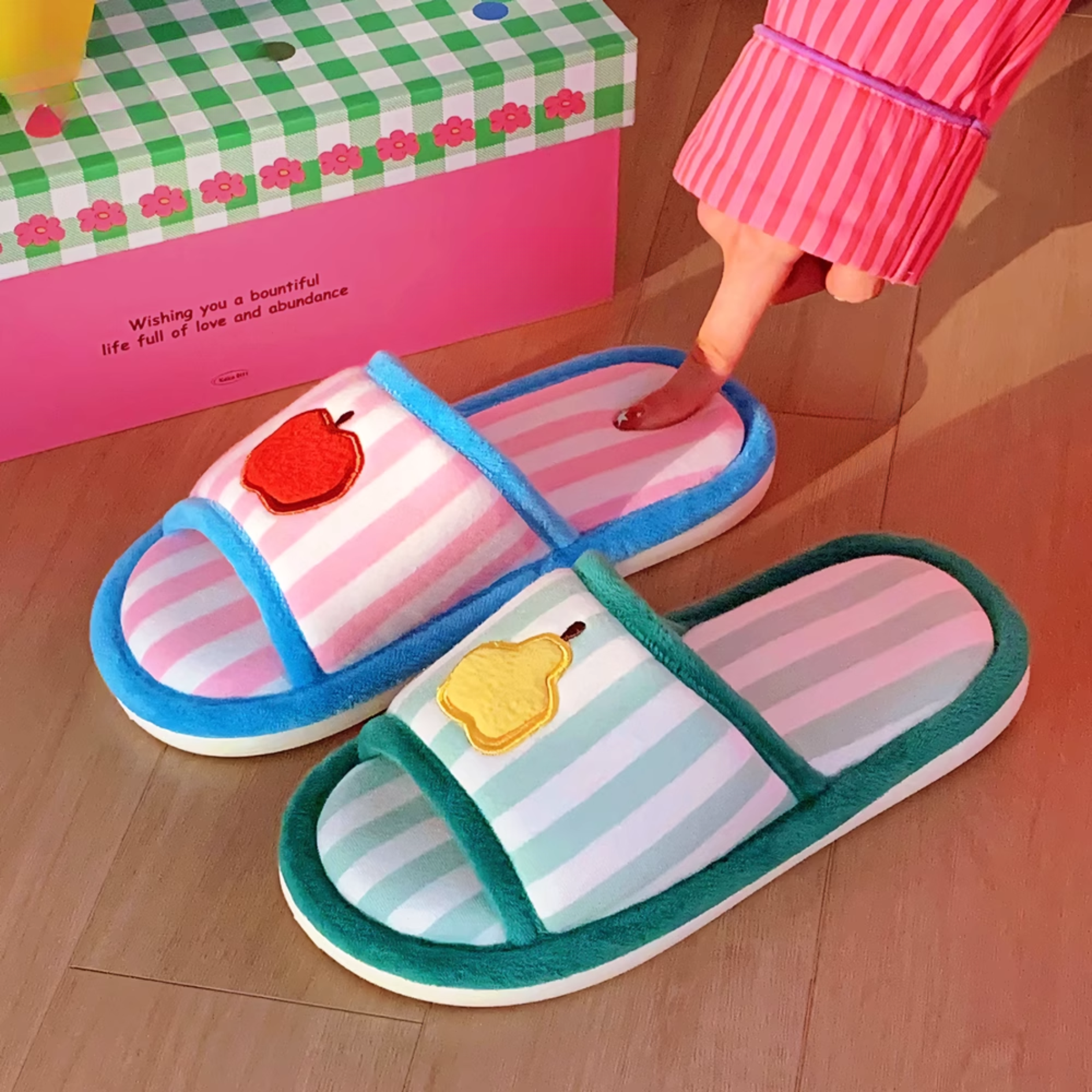 striped apple pear slippers