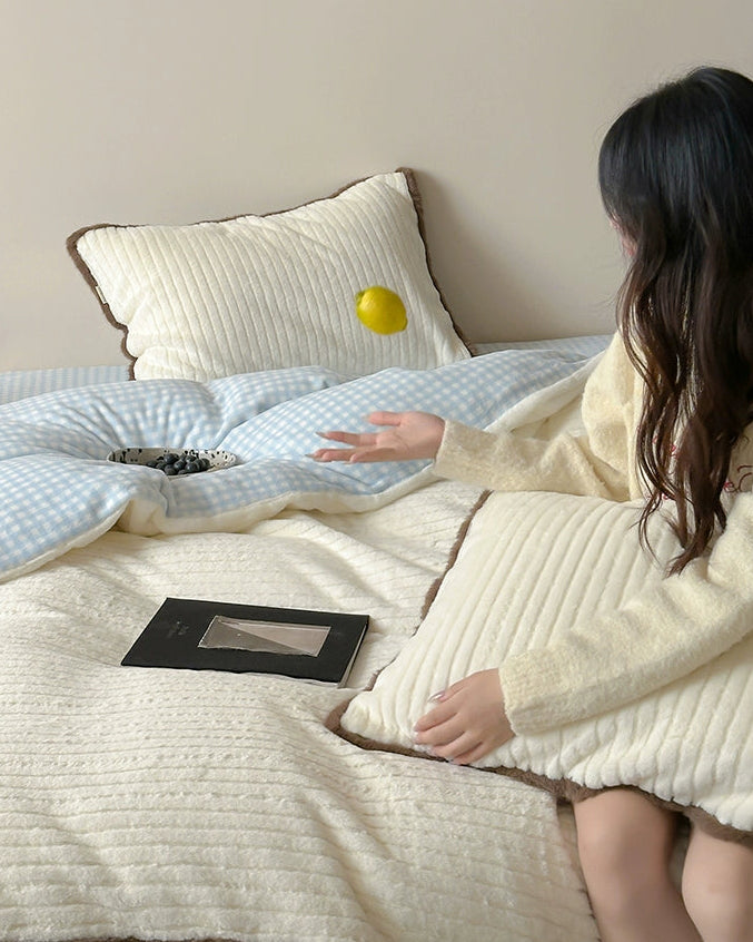 blue plaid plush bedding set