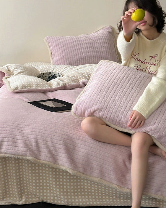 pink plaid plush bedding set