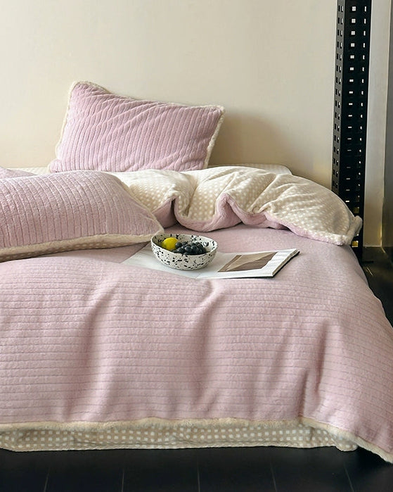 pink plaid plush bedding set